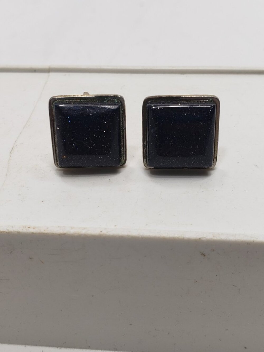 Vintage Blue Goldstone Square Cufflinks Gold Tone Retro Mid Century Men's
